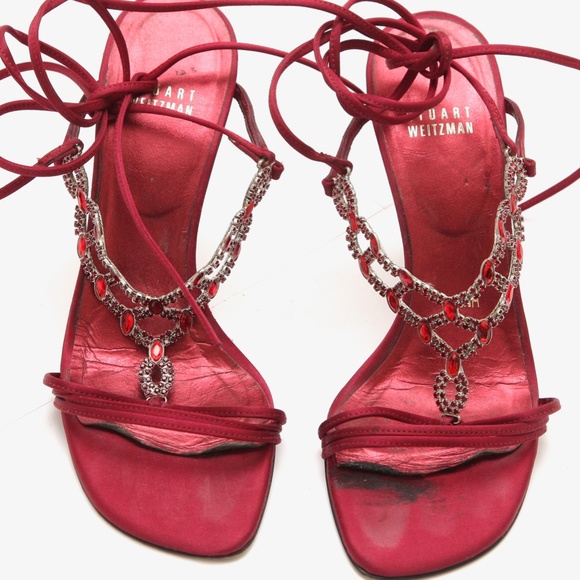 STUART WEITZMAN Sandals Red Satin Glass Heels Strappy 6.5M - Picture 6 of 10